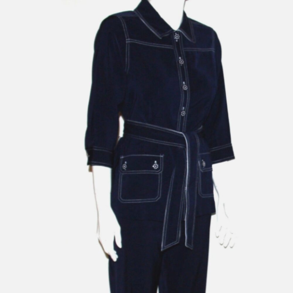 Susan Graver Blue White Contrast‎ Belted Lightweight Button Jacket Large